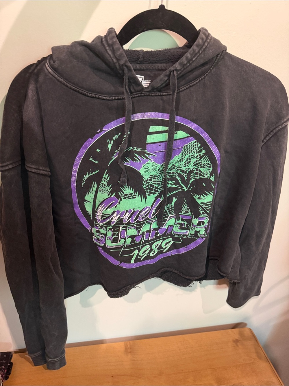 Crop Pullover Hoodie with Purple & Mint Beach Graphic